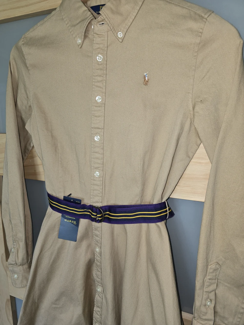 Ralph Lauren Khaki Button-Front Chino Shirt Dress with Navy+Purple & Gold Belt